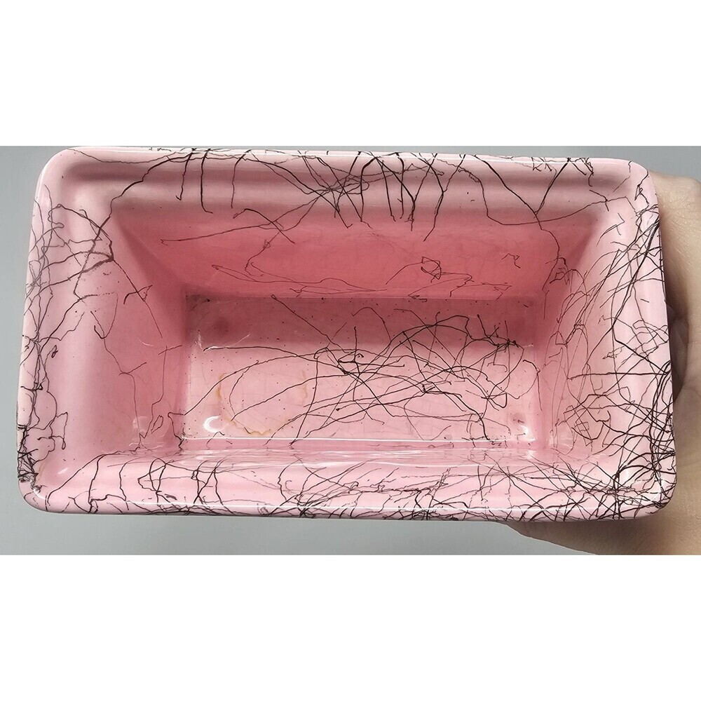 Vtg Hull MCM Pink Ceramic Footed Splatter Lines Mini Loaf Pan Trinket Dish 6" - Picture 6 of 15